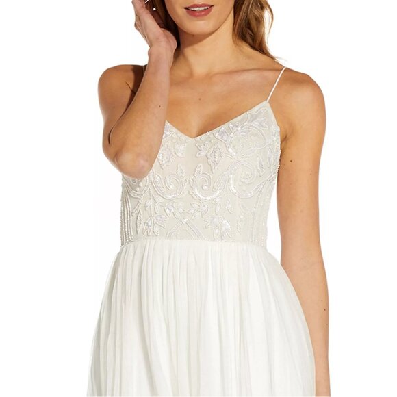 NWT Adrianna Papell Fully Beaded Bodice Tulle Skirt Full Length Gown in White - Picture 2 of 5